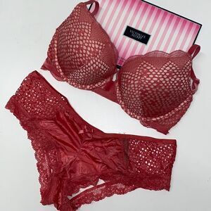 🔥VICTORIA SECRET BRA Very Sexy Set 2pc PUSH-UP SZ32D /M open back cheeky pink
